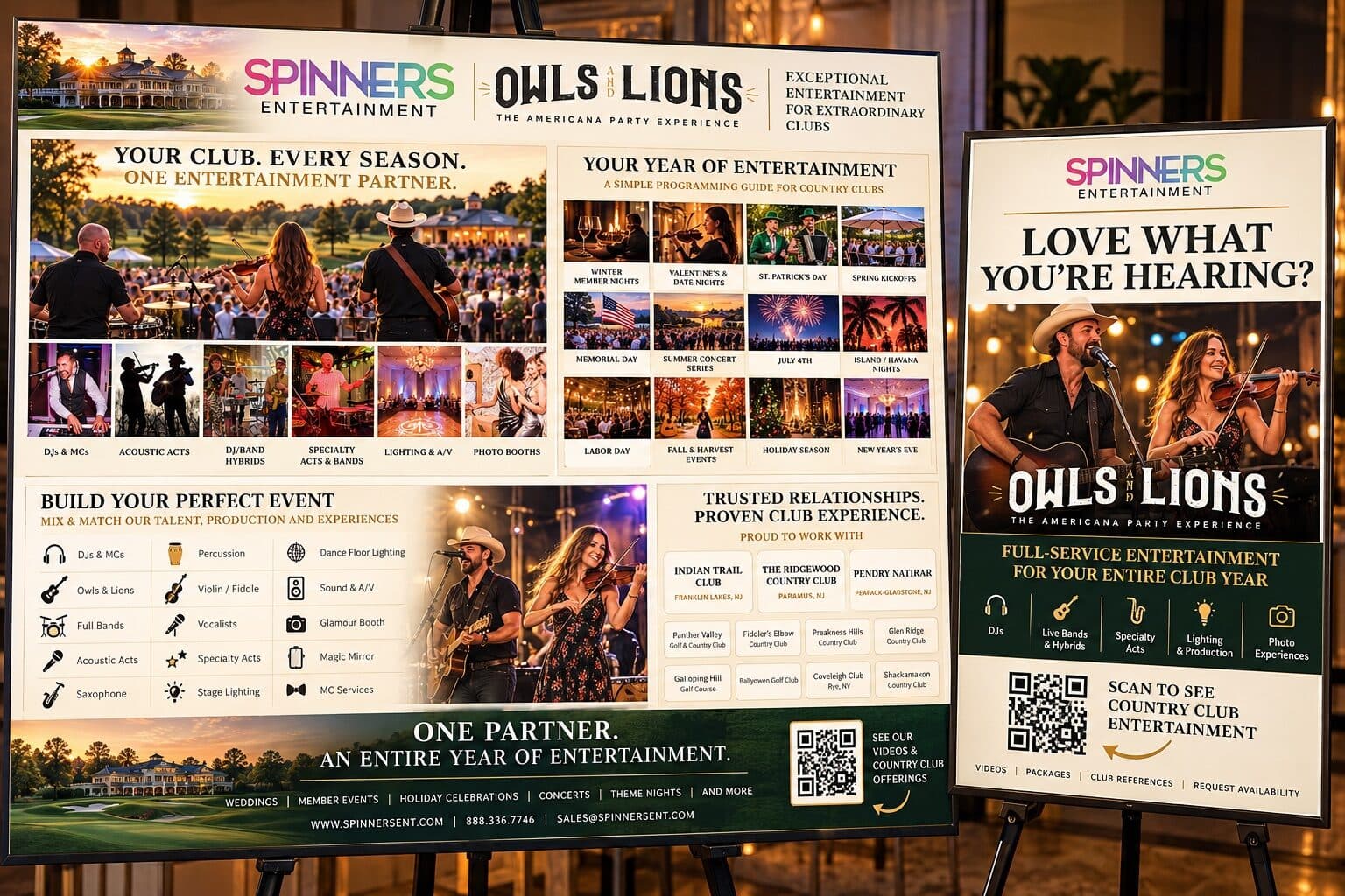 The client's ChatGPT draft of the 48×36 sign and easel banner, staged at a country club event