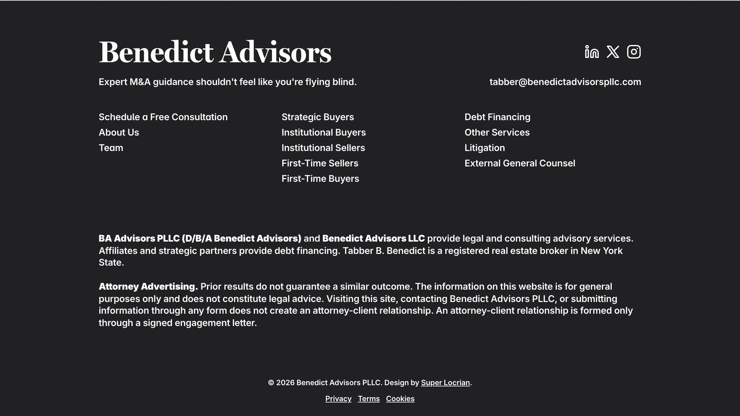 Benedict Advisors site footer with attorney advertising disclaimers