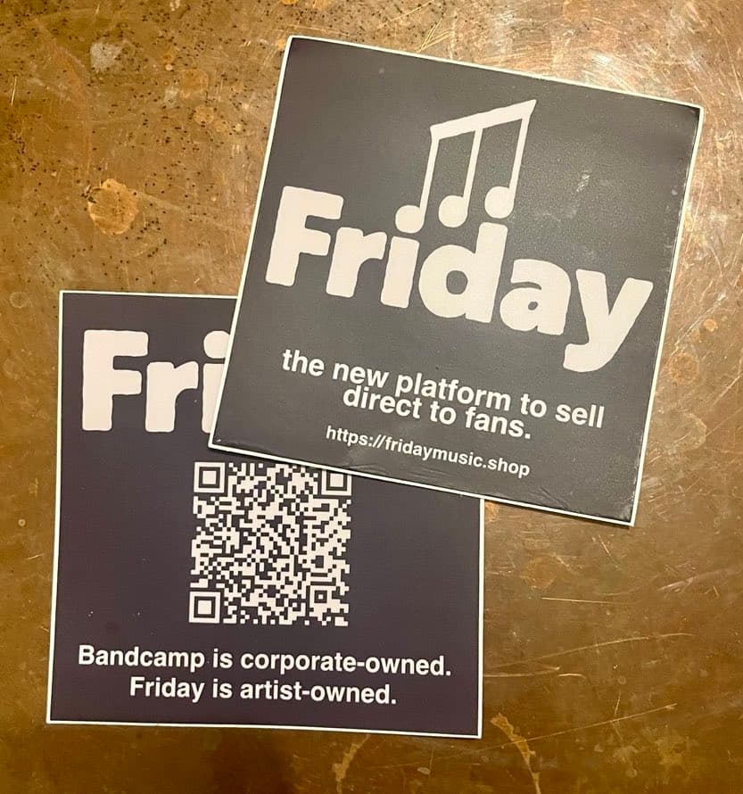 Friday brand stickers showing the logo and tagline